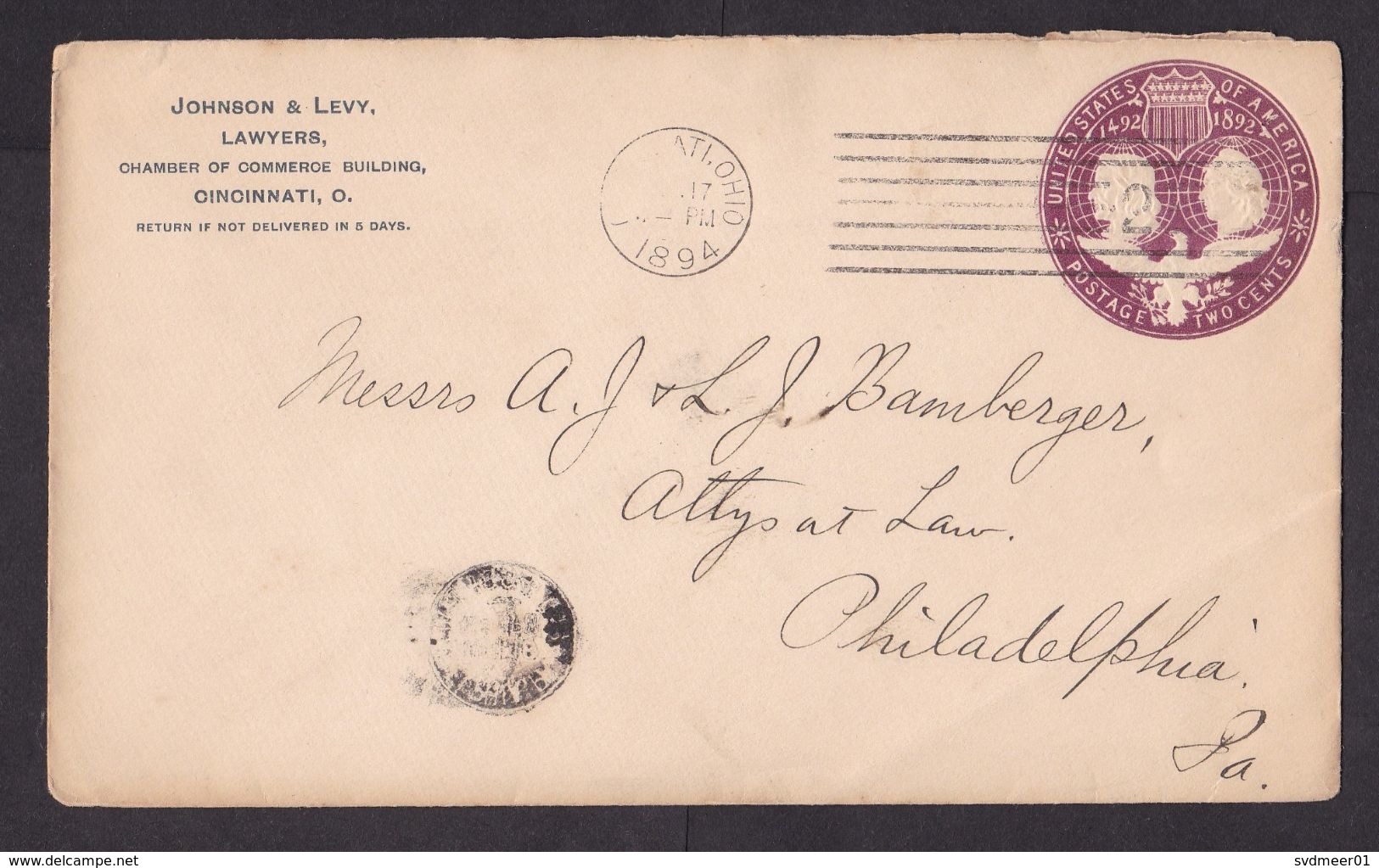 USA: Stationery Cover, 1894, Discovery, Columbus, Private Imprint Lawyer Cincinnati (minor Damage, See Scan) - Cartas & Documentos