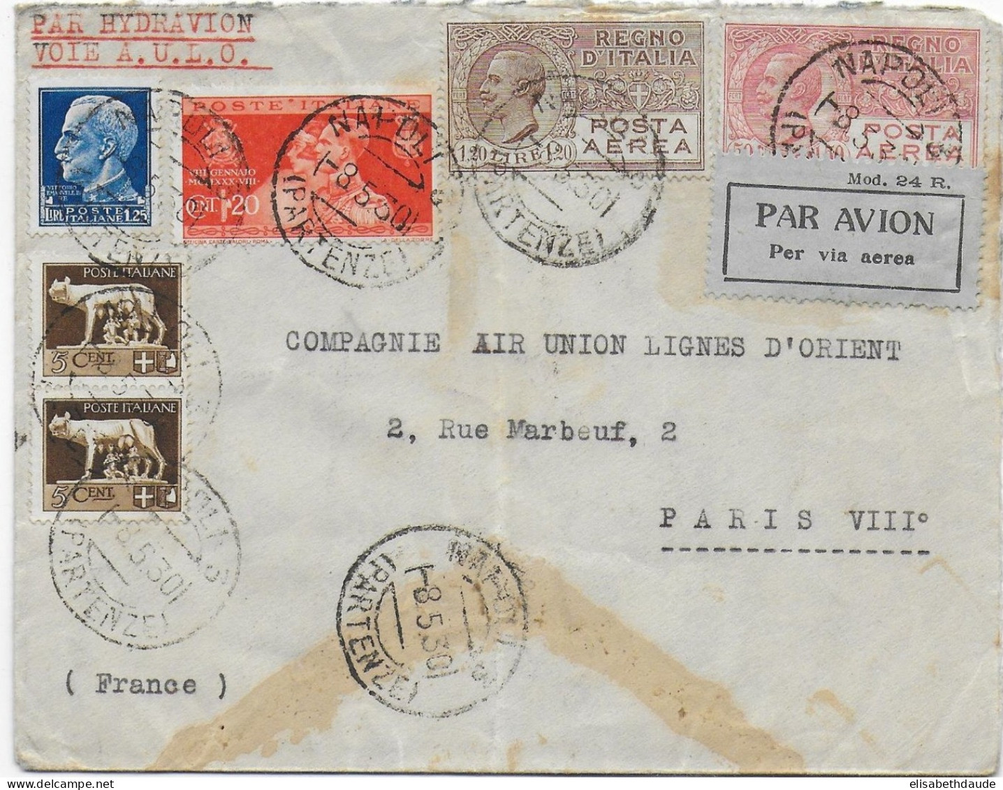 1930 - ENVELOPPE ITALIE - FRANCE Par HYDRAVION VOIE AULO  De NAPLES => PARIS - Marcofilie (Luchtvaart)