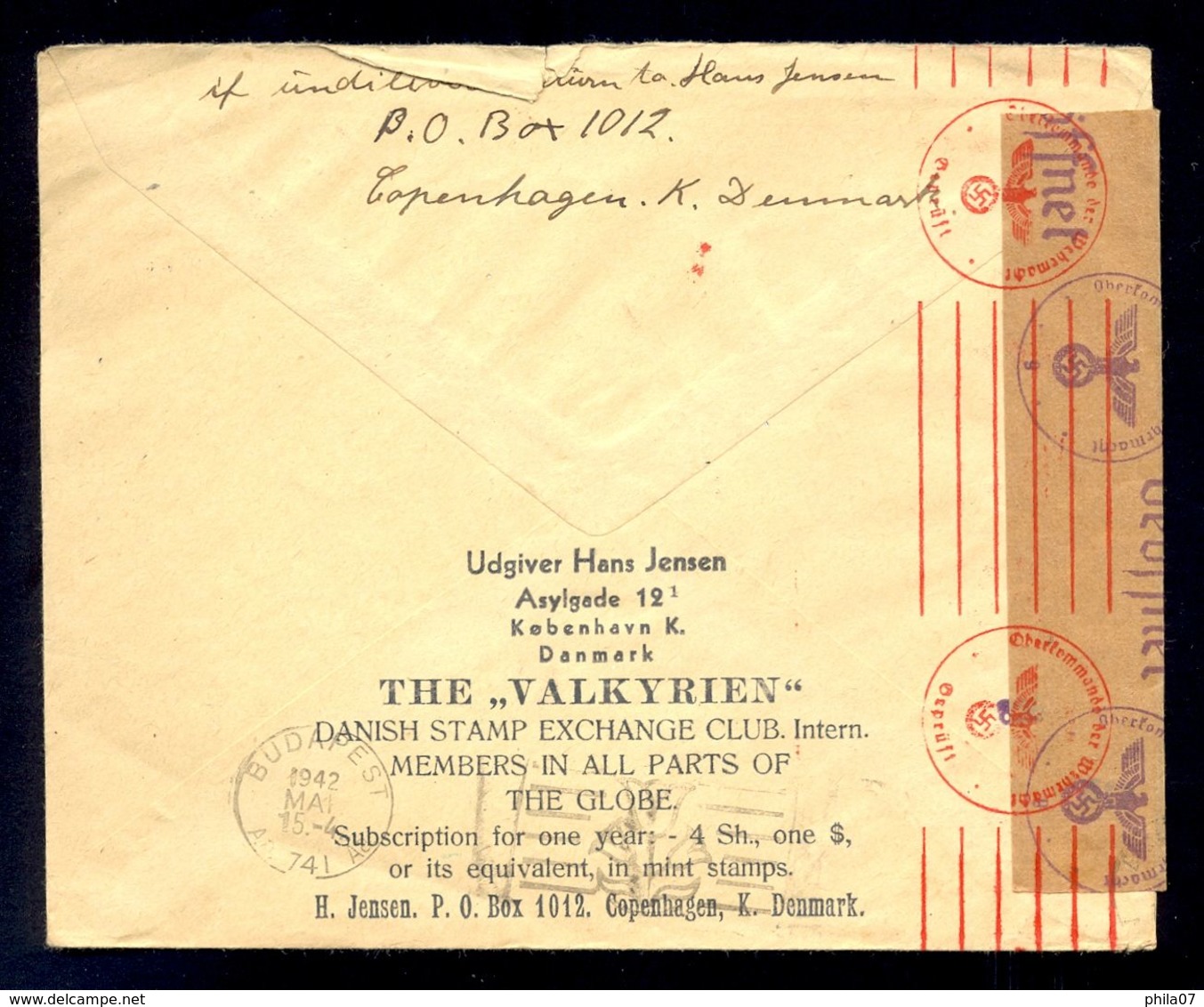 DENMARK - Cover With Nice Header 'The Valkyrien' Sent From Kobenhavn To Budapest 1942. OKW Censorship, - Maximum Cards & Covers