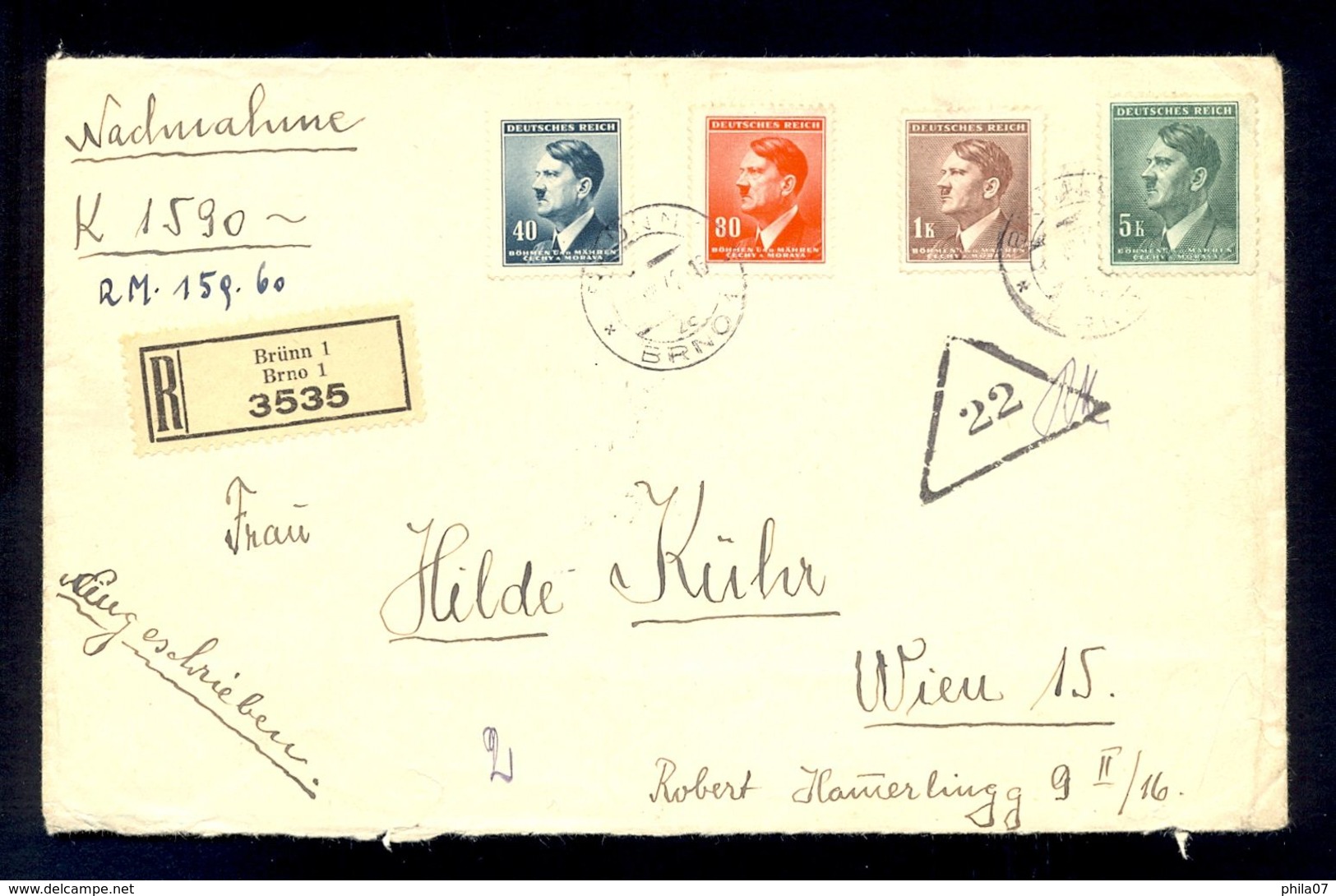 CZECHOSLOVAKIA PROTECTORATE - Envelope Sent By Registered Mail From Brunn/Brno To Wien 194?. - Briefe U. Dokumente