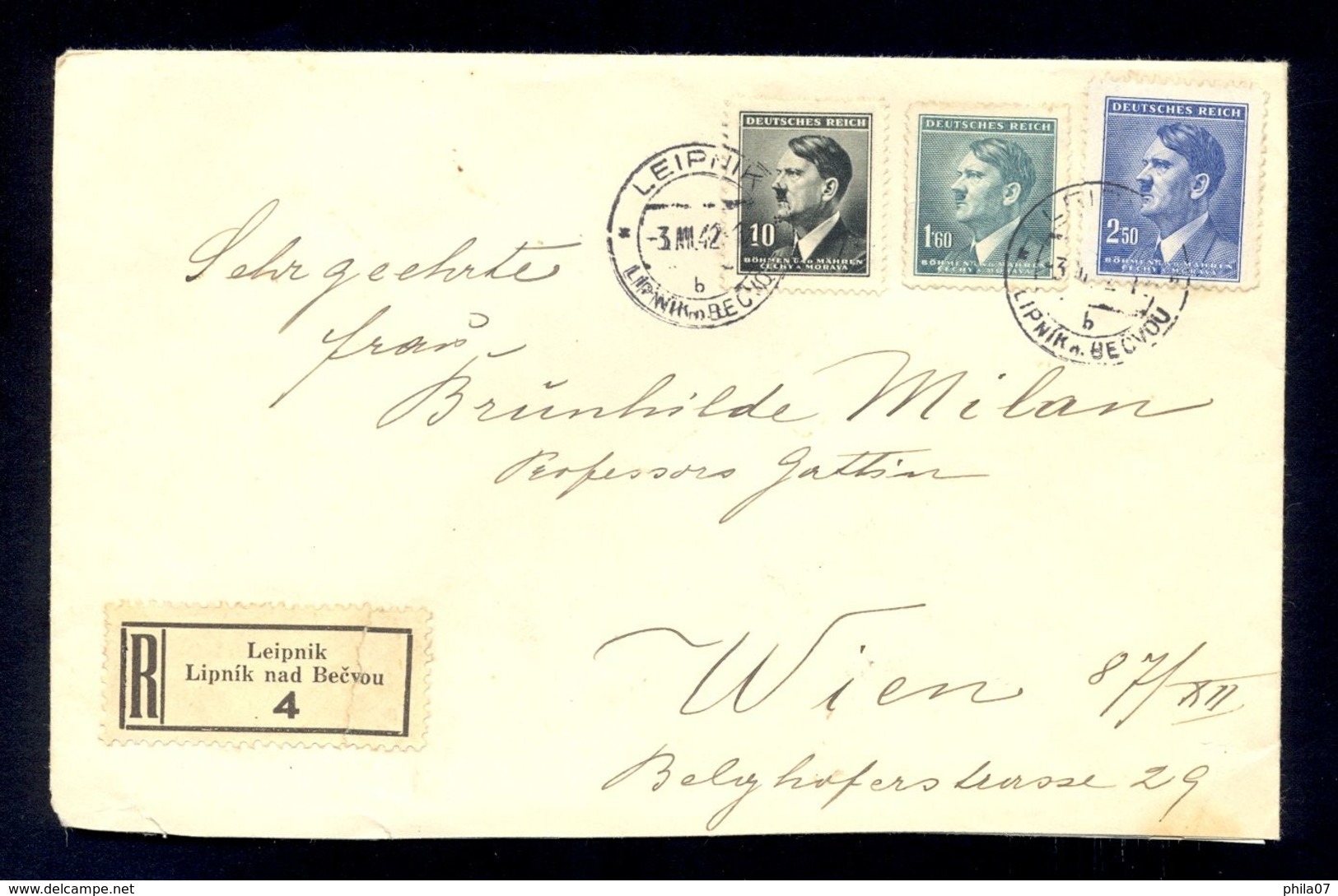 CZECHOSLOVAKIA PROTECTORATE - Envelope Sent By Registered Mail From Leipnik Lipnik Nad Bečvou To Wien 1942 - Covers & Documents