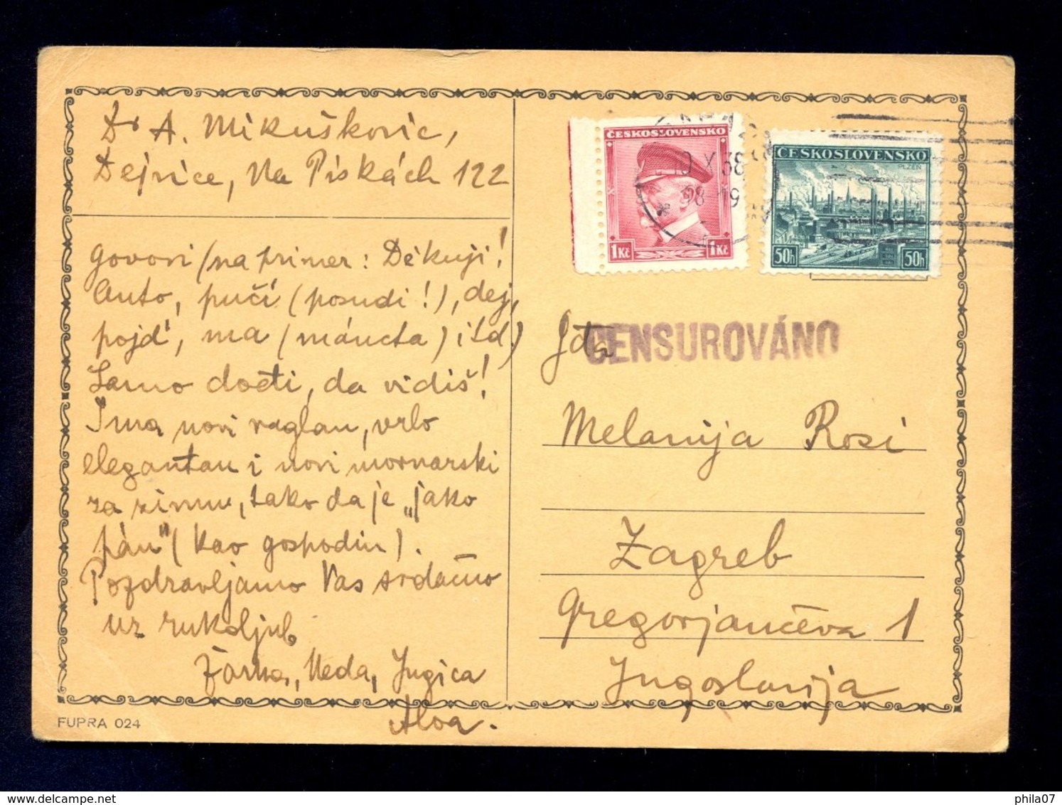 CZECHOSLOVAKIA - Stationery Sent From Czechoslovakia To Zagreb (Yugoslavia) 1938. Censored And Franked With Two Stamps - Other & Unclassified