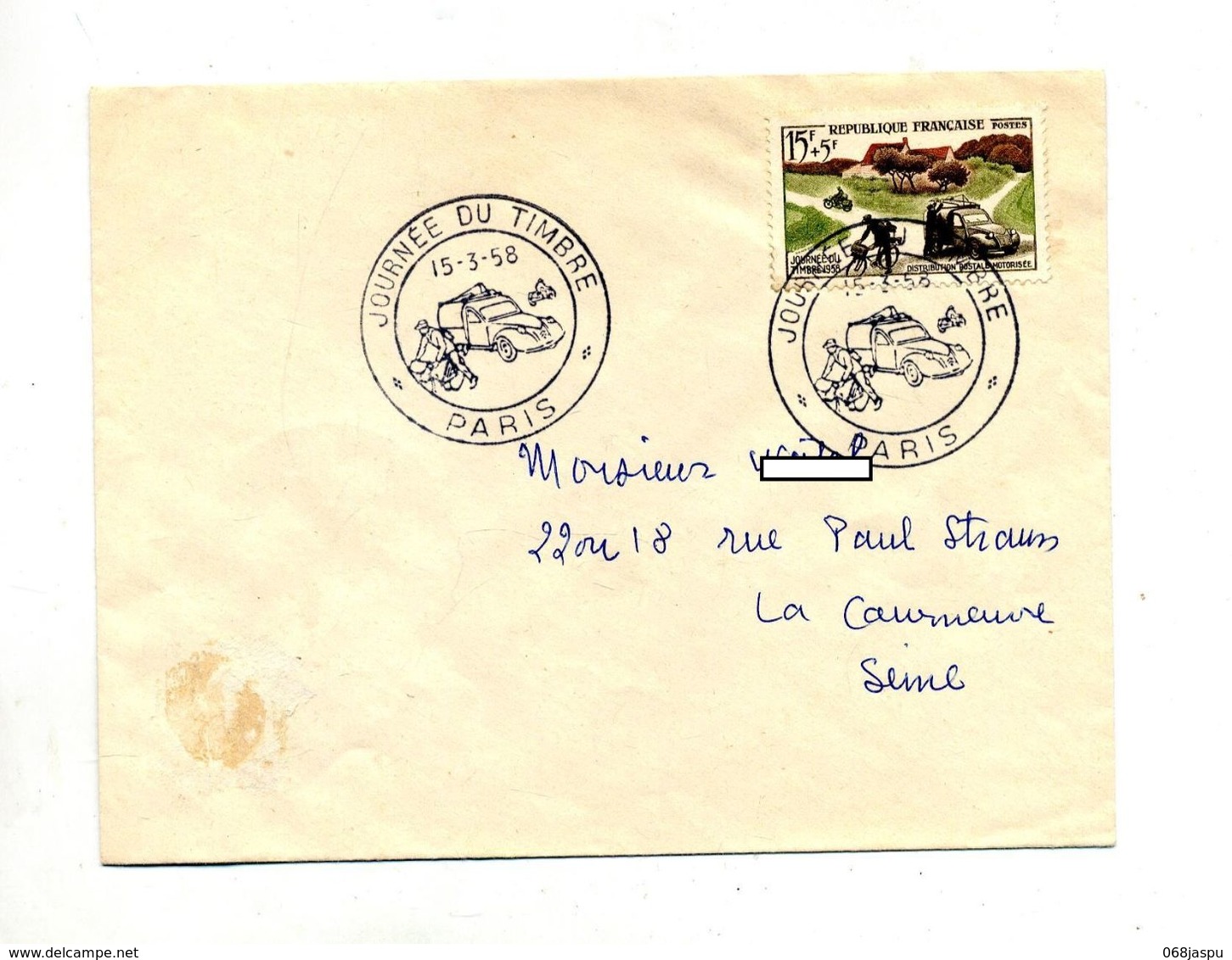 Lettre  Cachet  Oaris Journee Du Timbre 1958 Velo Voiture Moto - Commemorative Postmarks