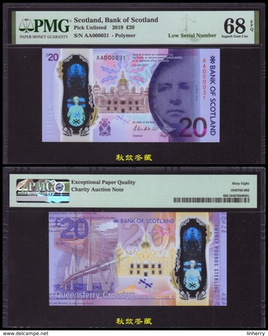 Scotland，Bank Of Scotland £20 (2020), Polymer, AA Prefix + Low Number, Commemoraitve Charity Note, PMG68 - 20 Pounds