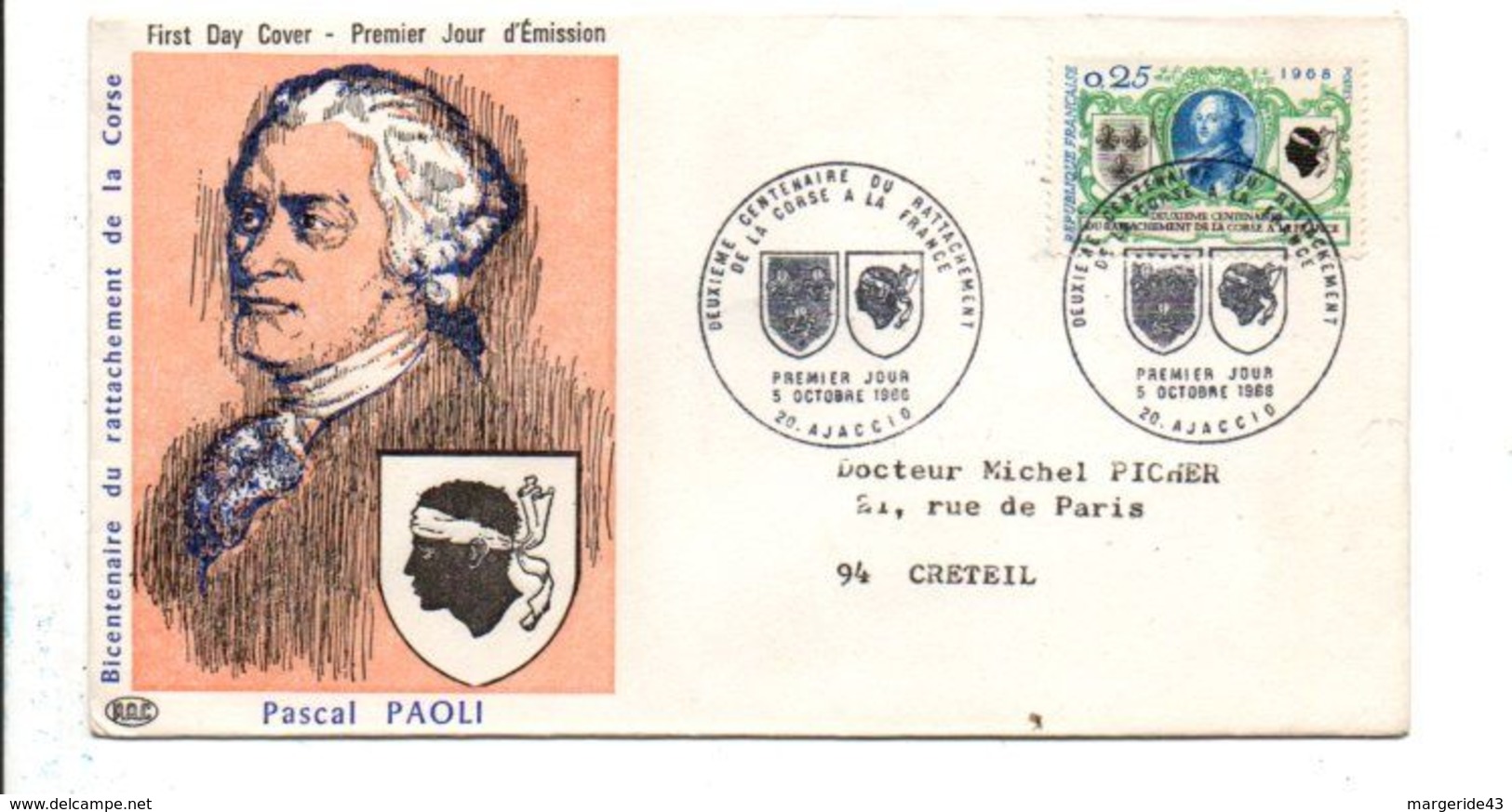 FDC 1968 RATTACHEMENT DE LA CORSE - 1960-1969