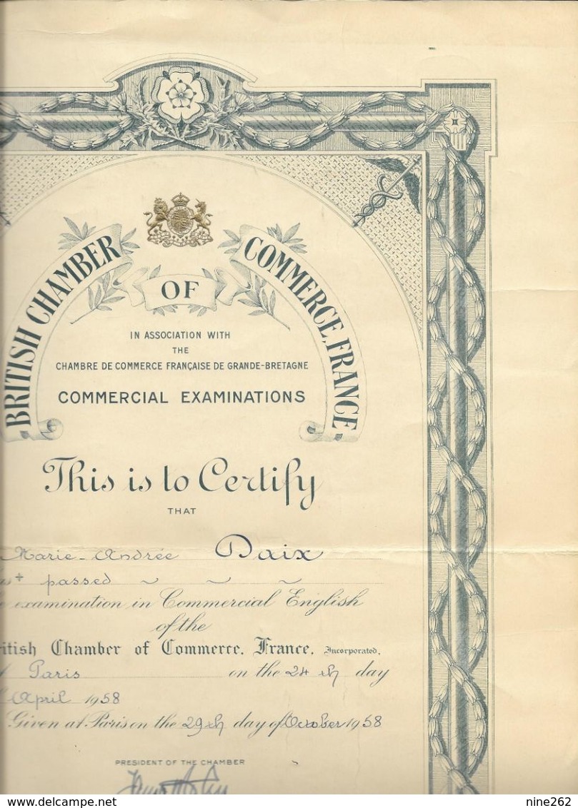 BRITISH CHAMBER OF COMMERCE FRANCE....DALLAPORTA....DIPLOME..CERTIFICAT..  1958.. - Diploma & School Reports