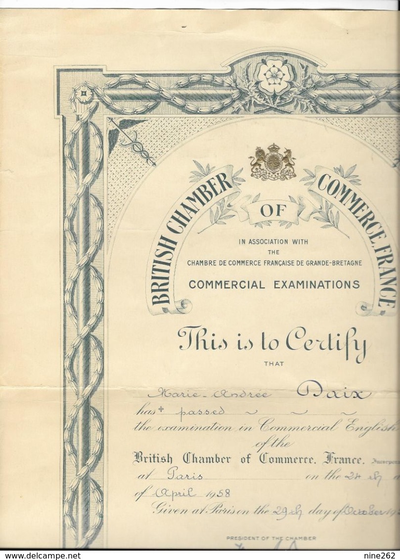 BRITISH CHAMBER OF COMMERCE FRANCE....DALLAPORTA....DIPLOME..CERTIFICAT..  1958.. - Diploma & School Reports