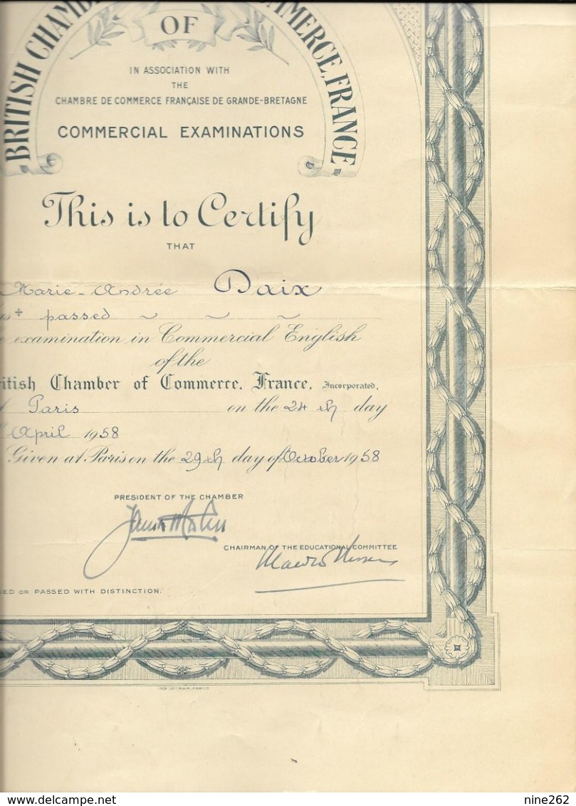 BRITISH CHAMBER OF COMMERCE FRANCE....DALLAPORTA....DIPLOME..CERTIFICAT..  1958.. - Diploma & School Reports