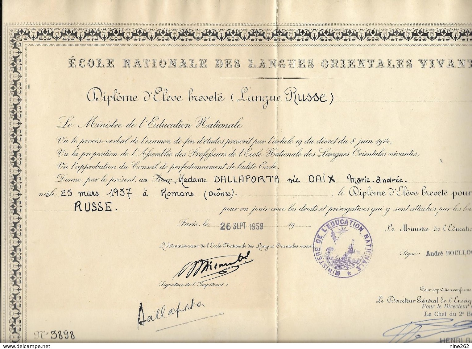 ECOLE NATIONALE DES LANGUES ORIENTALES VIVANTES ....DALLAPORTA...DIPLOME DE RUSSE. 1959 A PARIS.. - Diplomas Y Calificaciones Escolares