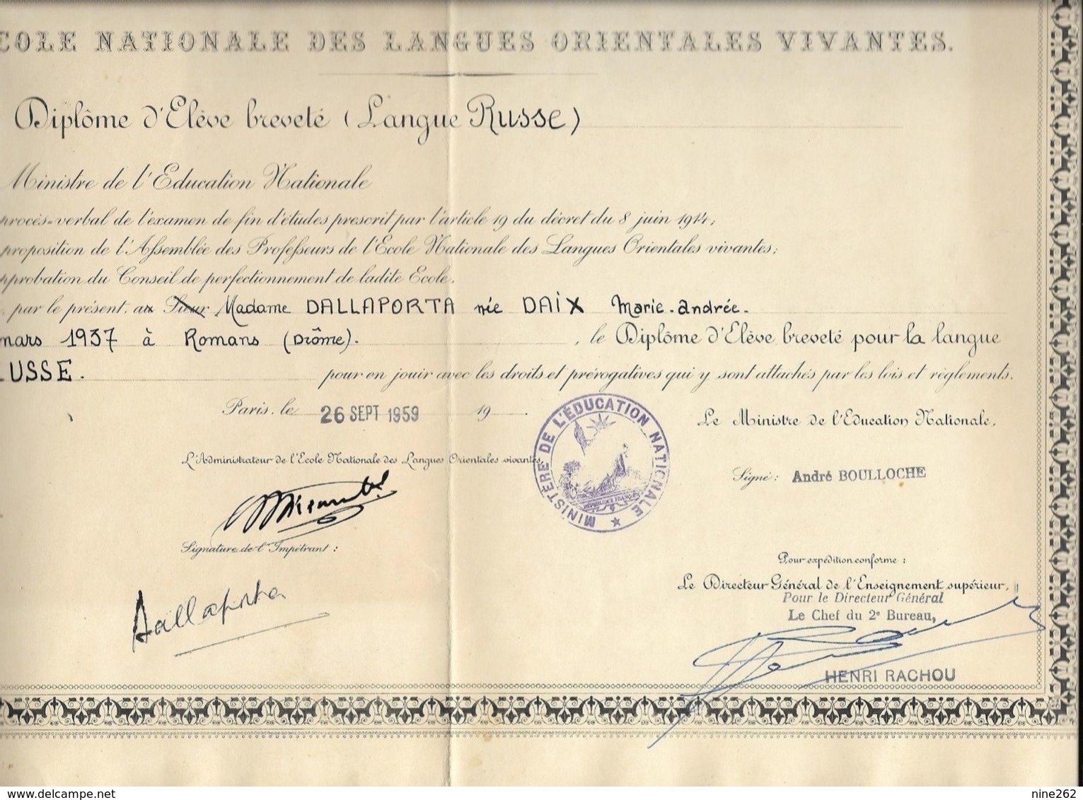 ECOLE NATIONALE DES LANGUES ORIENTALES VIVANTES ....DALLAPORTA...DIPLOME DE RUSSE. 1959 A PARIS.. - Diplomas Y Calificaciones Escolares