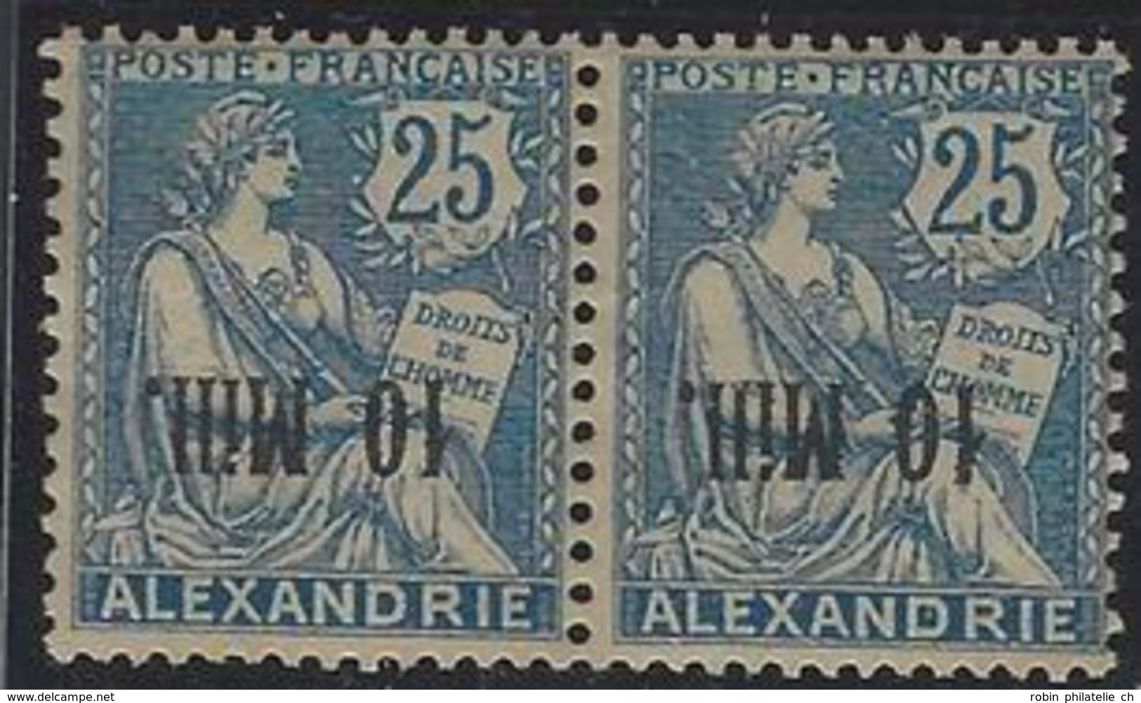 VO 445 Alexandrie Postes  N° 42 B 10mill Sur 25c Mouchon Bleu Paire Surcharge Renversée (1 Ex *) Qualité: ** Cote: 150 € - Neufs