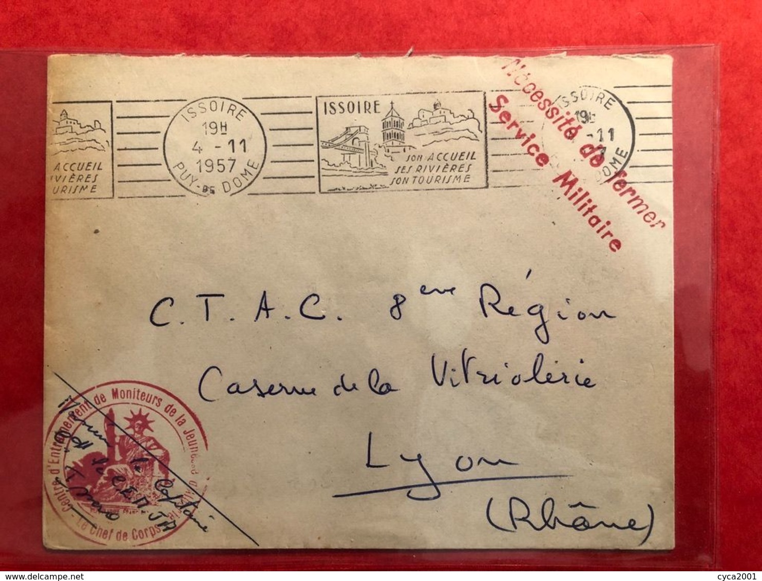 Lettre En Franchise OBL Issoire Puy De Dome(4.11.57)-cachet Rouge Déesse Assise(resto,verso)-guerre D'algerie, Rare, TB - 1921-1960: Periodo Moderno