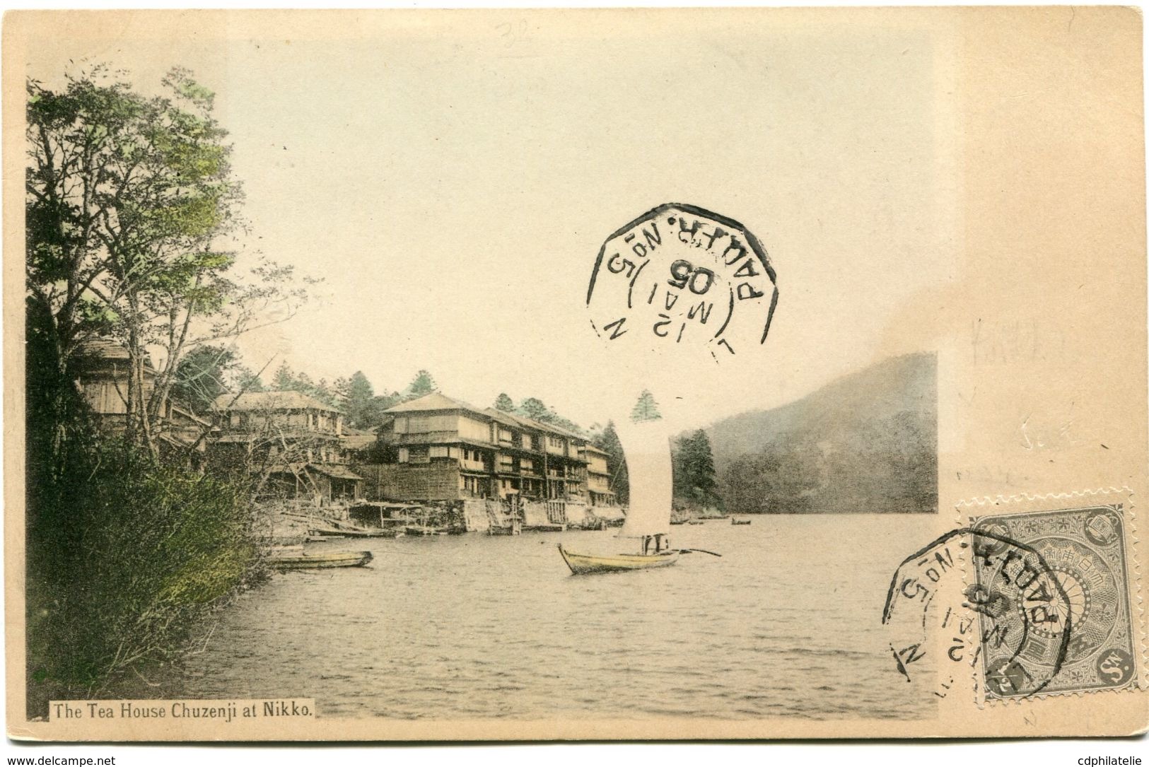 JAPON CARTE POSTALE -THE TEA HOUSE CHUZENJI AT NIKKO DEPART LIGNE N 12 MAI 05 PAQ. FR. N°5 POUR LA FRANCE - Lettres & Documents