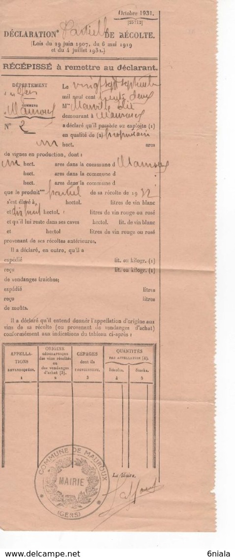 1527 32 ST CLAR Gers Mauroux  MENVILLE Récolte Partielle Tampon Mairie QUITTANCE 1932 Contributions Indirectes Impôts - Agricoltura