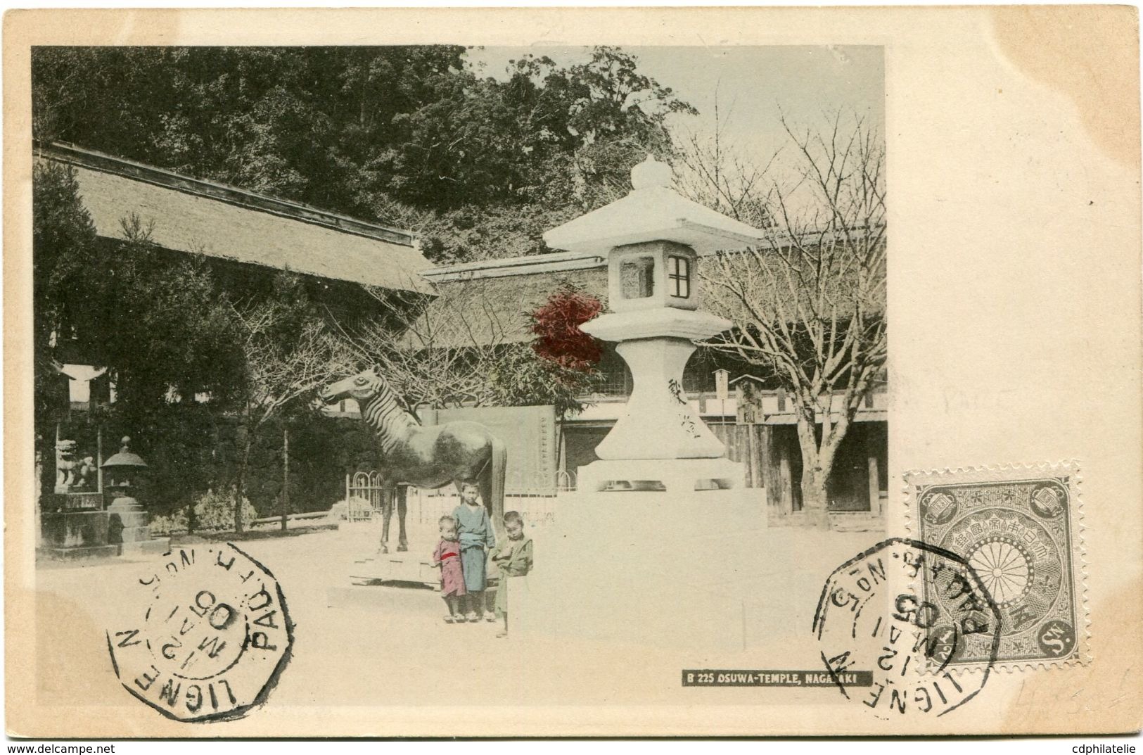 JAPON CARTE POSTALE -OSUWA-TEMPLE NAGASAKI DEPART LIGNE N 12 MAI 05 PAQ. FR. N°5 POUR LA FRANCE - Lettres & Documents