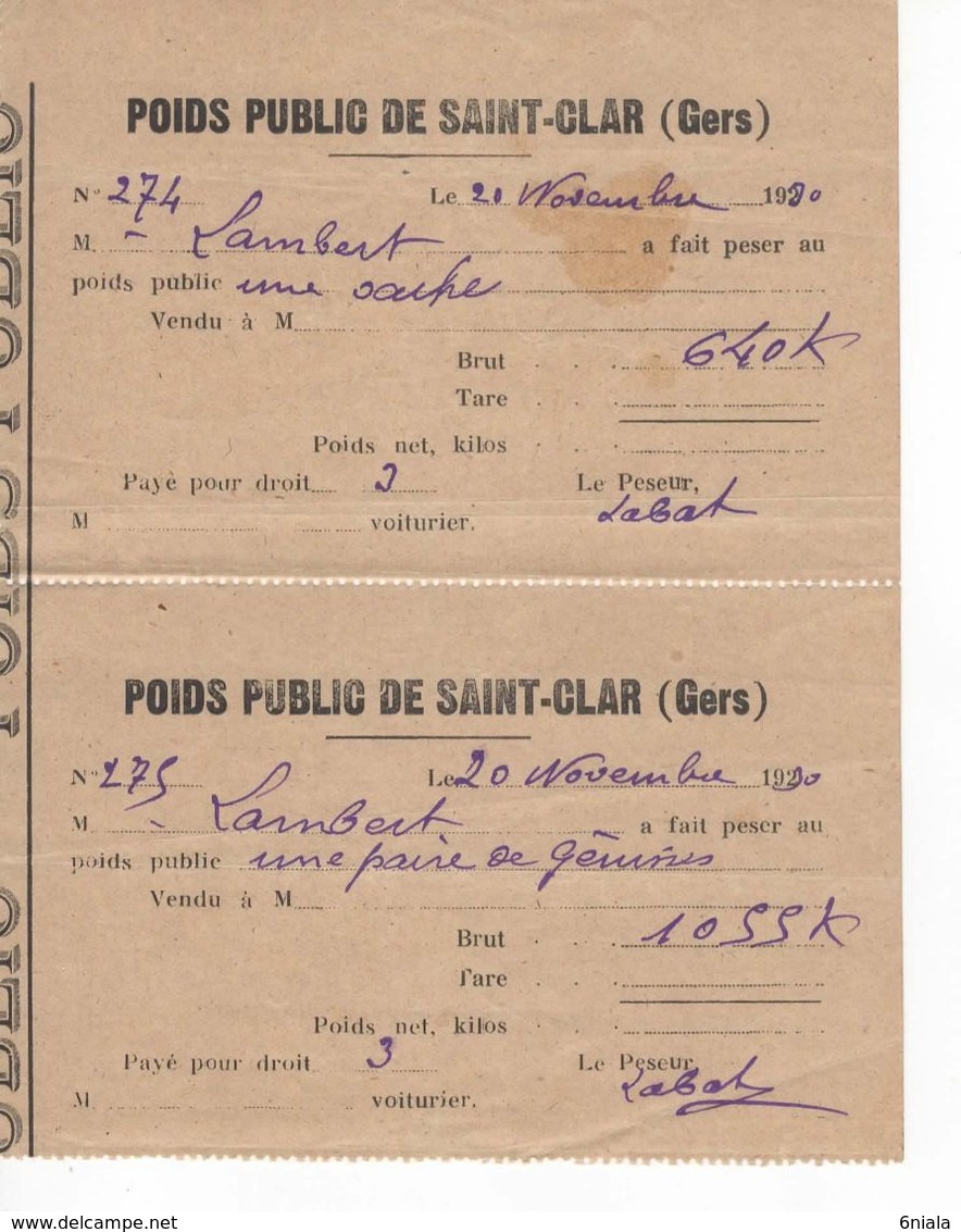 1529 32 ST CLAR Gers POIDS PUBLIC  Une Paire De Génisse, Une Vache = 2 Tickets Reçus Bascule Droit De Pesage 1930 LABAT - Sonstige & Ohne Zuordnung