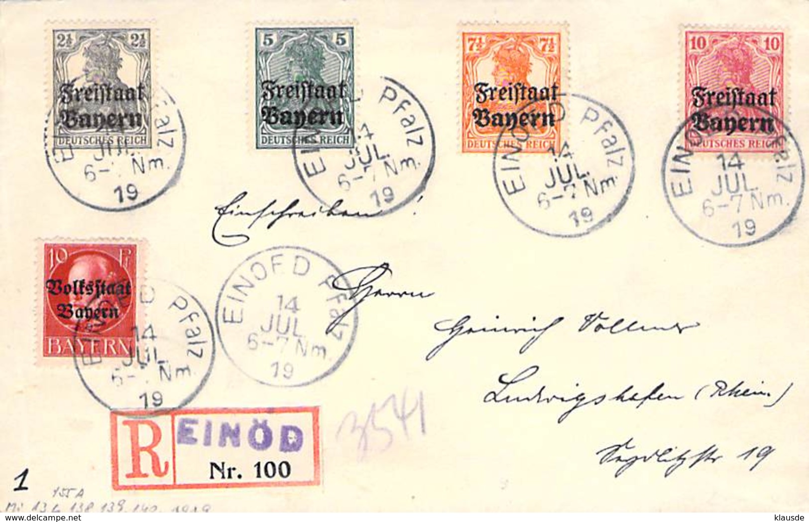 R-Brief Freistaat Bayern Einöd Pfalz 14.Juli 1919 Frühverwendung AKS - Other & Unclassified