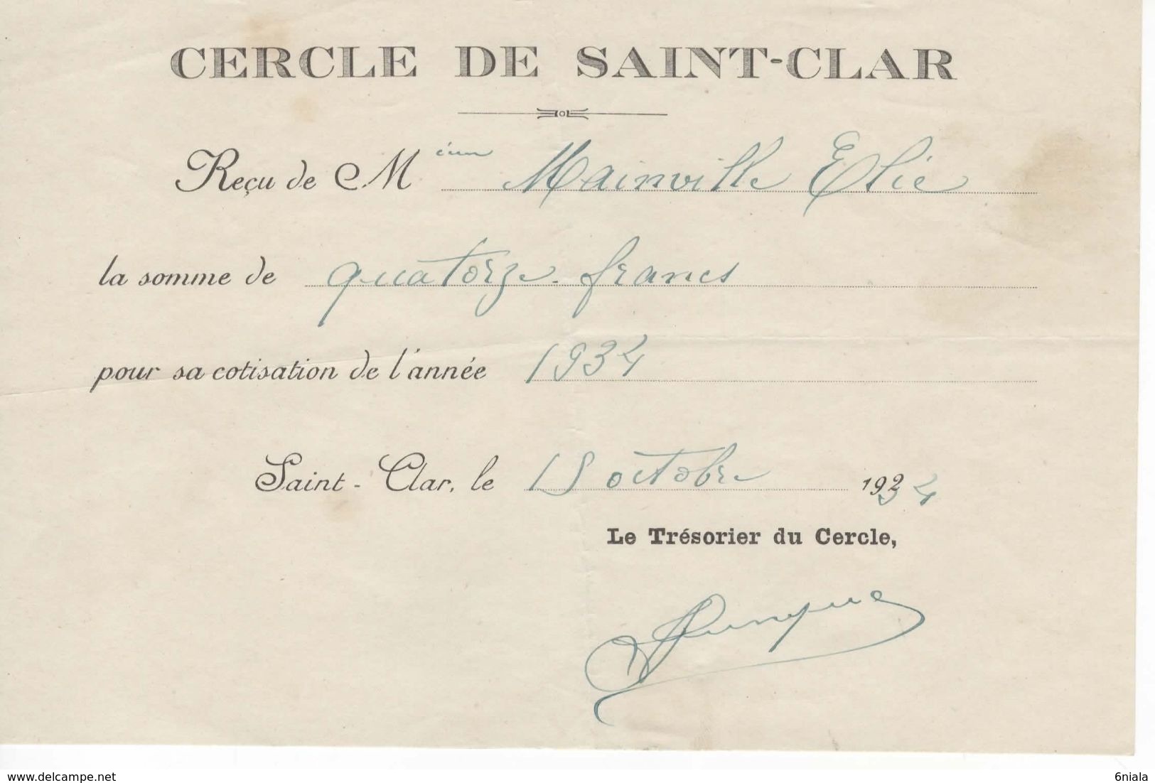 1534 Reçu COTISATION CERCLE DE St CLAR Gers 32 1934  Trésorier Du Cercle - Sonstige & Ohne Zuordnung
