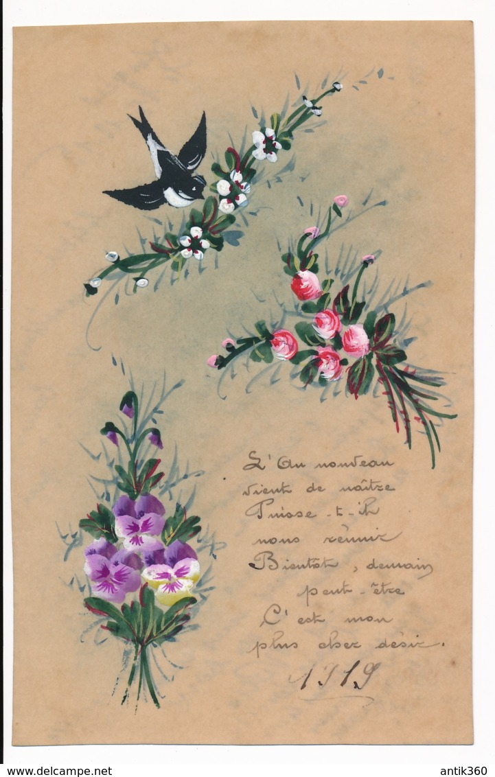 CPA Faire-part De Naissance 1919 Composée Et Peinte Main Hirondelle Fleurs Sur Papier Celluloïd - Geburt