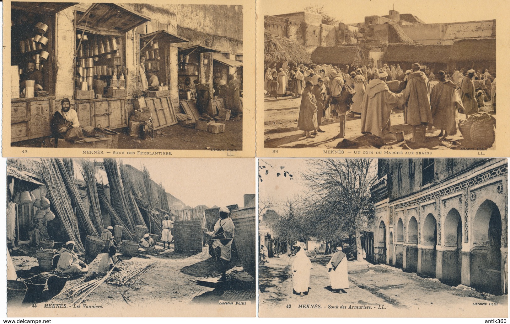 Lot De 4 CPA MAROC MEKNES Les Vanniers Marchés Aux Grains Souks Des Ferblantiers Et Des Armuriers - Meknes