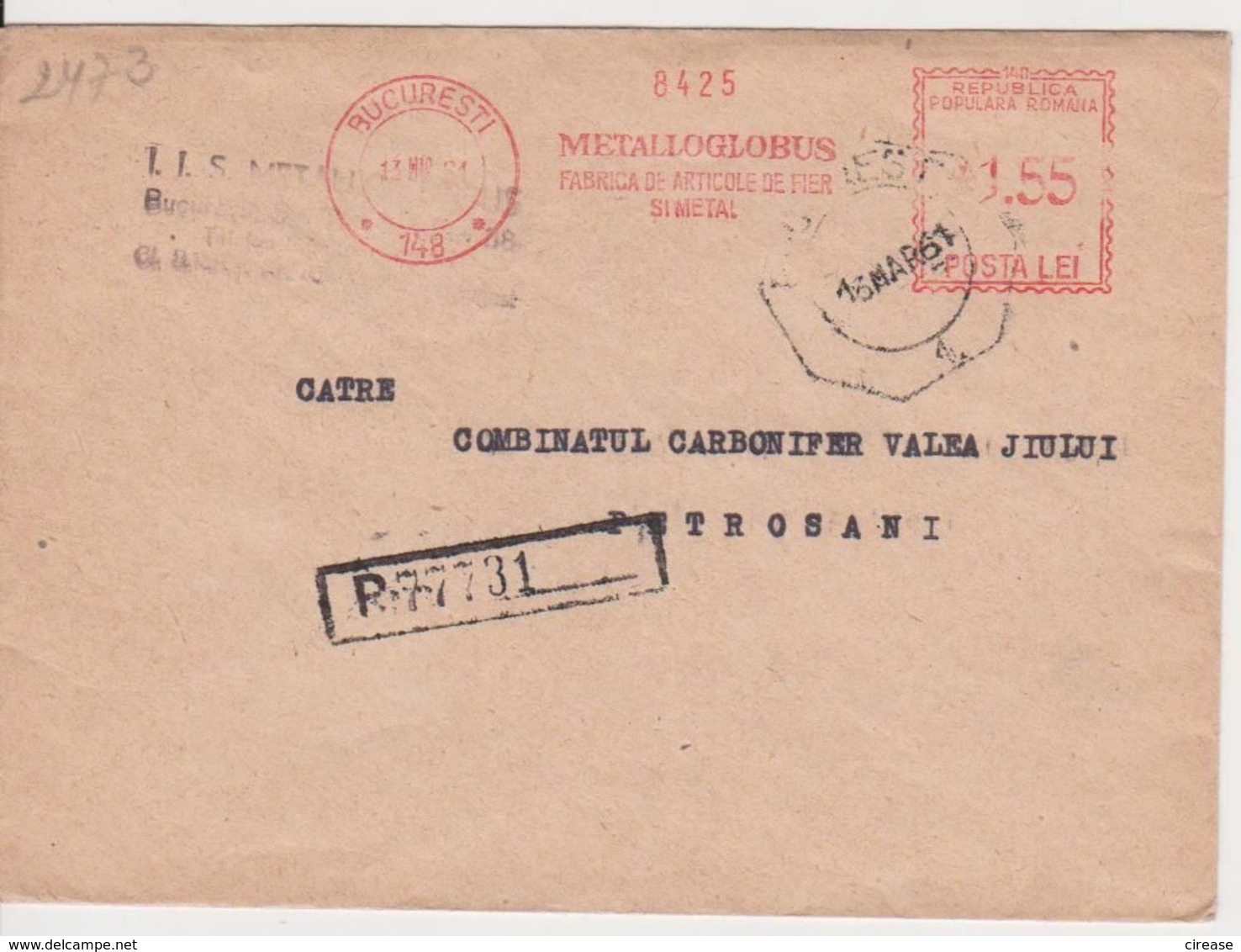 BUCURESTI AMONT 1,55,  METALLOGLOBUS METAL PRODUCTS FACTORY RED MACHINE ATM STAMPS, ROMANIA 1961 - Franking Machines (EMA)