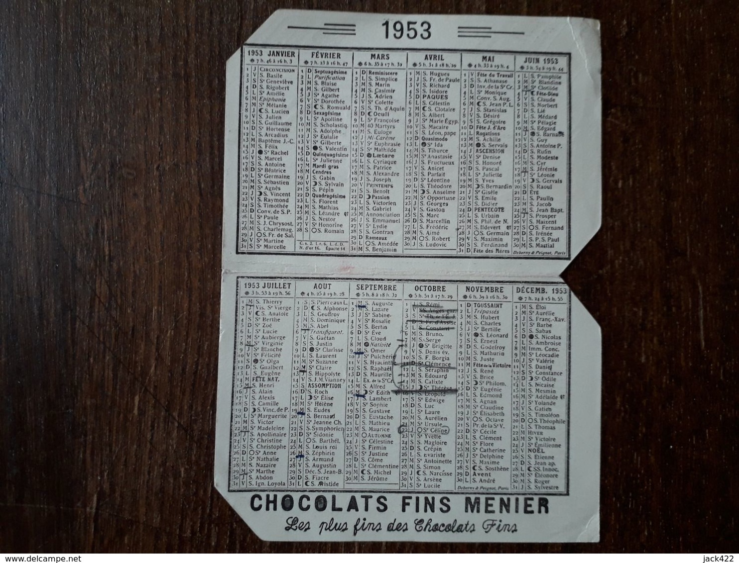 L18/169 Petit Calendrier Publicitaire Chocolat Meunier . 1953 - Small : 1941-60