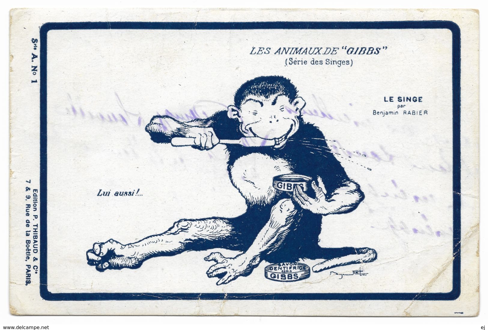 Les Animaux De "Gibbs" Serie Des Singe Benjamin Rabier  - 1917 - Edit P Thibaud - 2 Cards - Rabier, B.