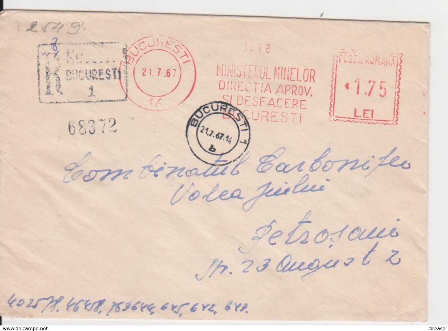 BUCURESTI AMONT 1,75,  MINISTRY OF MINES RED MACHINE ATM STAMPS, ROMANIA 1967 - Maschinenstempel (EMA)