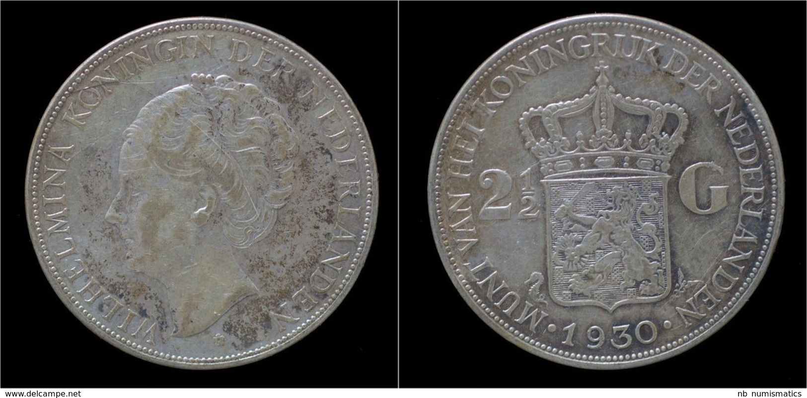 Netherlands Wilhelmina I 2 1/2 Gulden(rijksdaalder)1930 - 2 1/2 Gulden