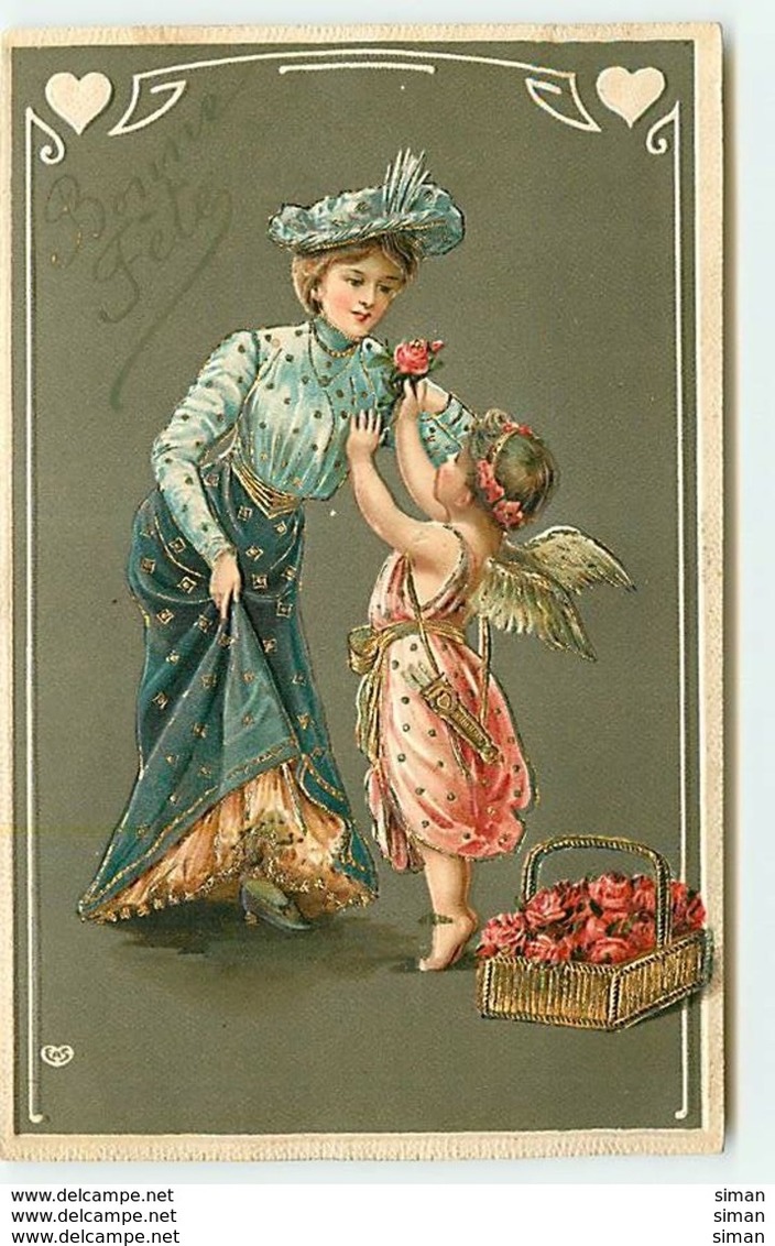 N°13050 - Carte Gaufrée - Bonne Fête - Ange Offrant Une Rose à Une Jeune Femme - Other & Unclassified