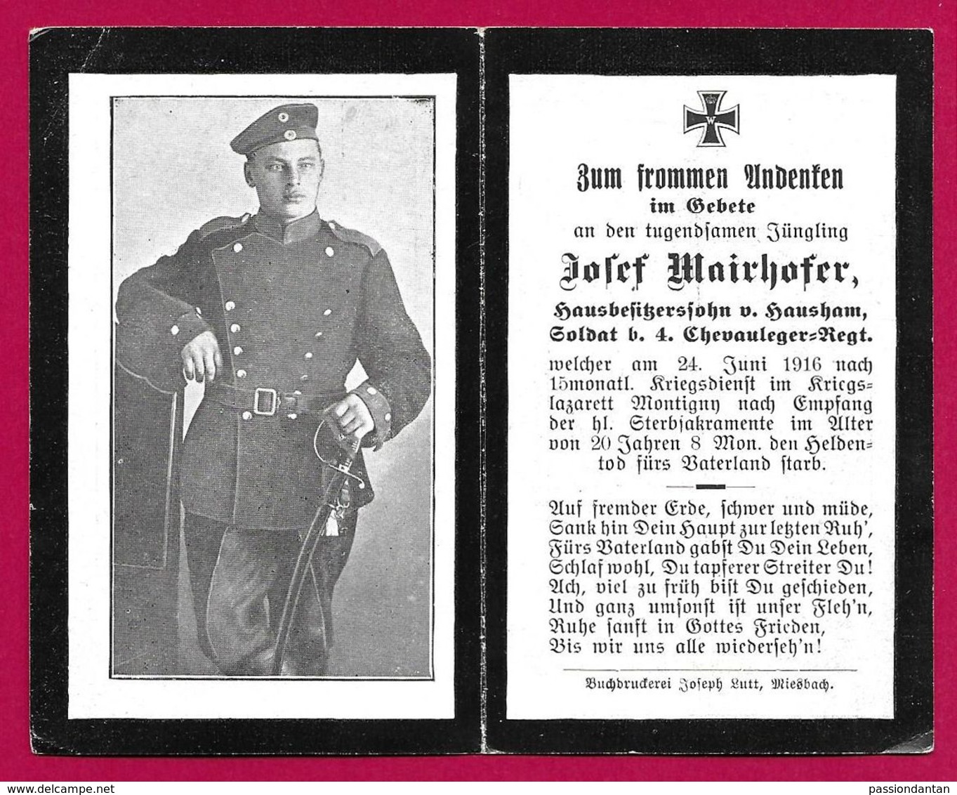 Faire Part De Décès - Première Guerre Mondiale - Soldat Josef Mairhofer Décédé En 1916 - Todesanzeige