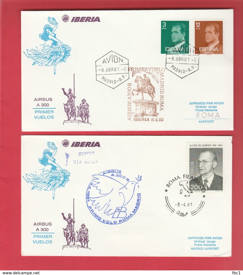 Espagne - Primer Vuelos Iberia Airbus A 300 - Madrid-Roma + Roma-Madrid 1981 - Cartas & Documentos