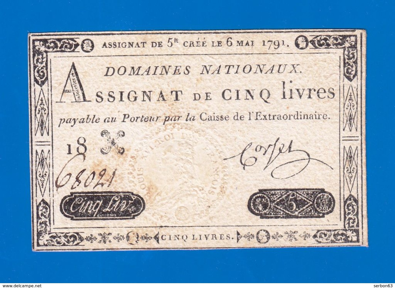 AUTHENTIQUE ASSIGNAT CORSEL DE 5£ CINQ LIVRES CRÉÉ LE 6 MAI 1791 LE TIMBRE SEC EST VISIBLE SÉRIE 18 H N° 68021  Serbon63 - Assignats & Mandats Territoriaux