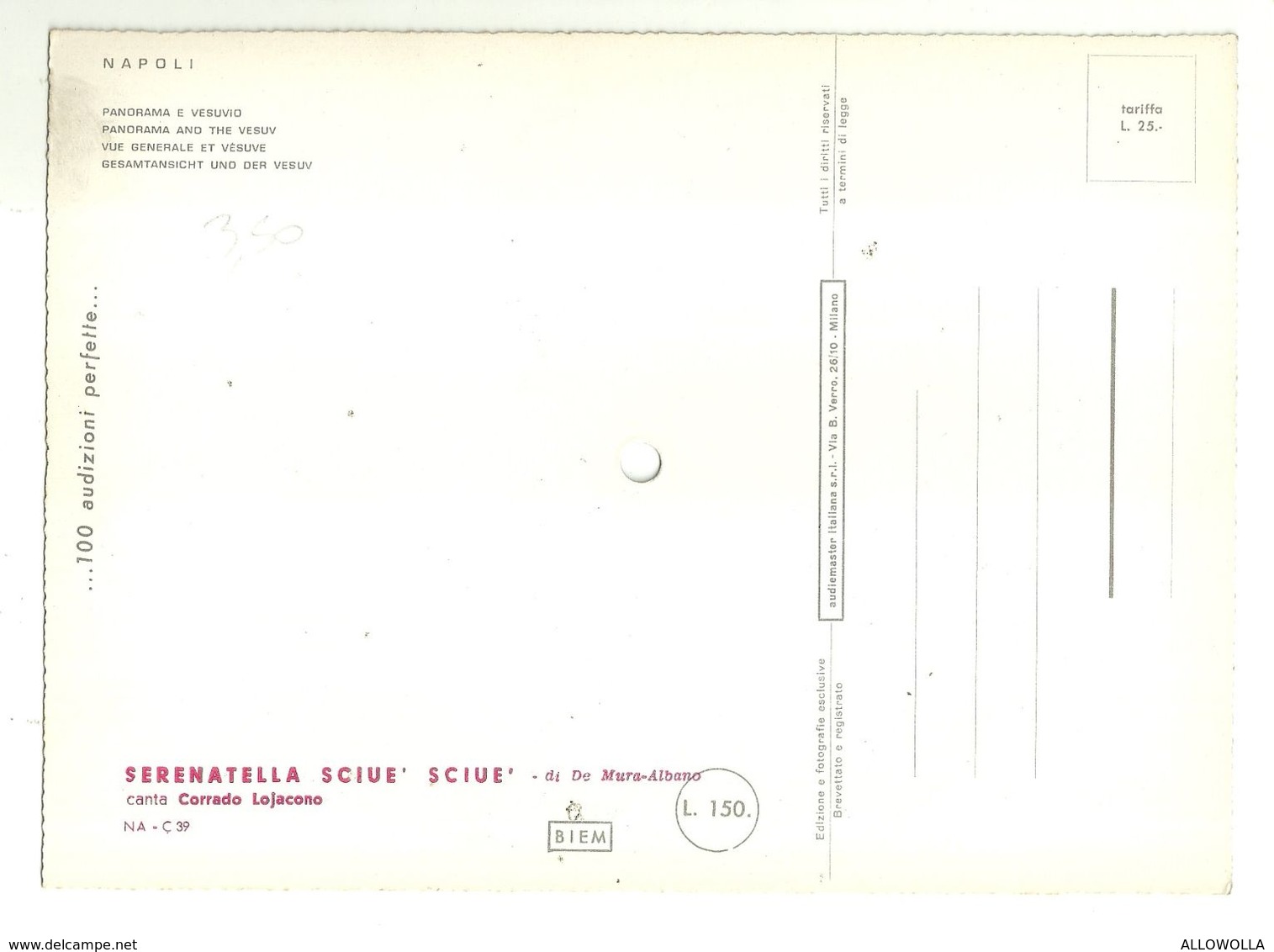 8299"CARTOLINA DISCO FONOSCOPE-NAPOLI-PAN.E VESUVIO-SERENATELLA SCIUE' SCIUE'-CANTA C. LOJACONO"-CART. POST. OR. NON SP. - Napoli