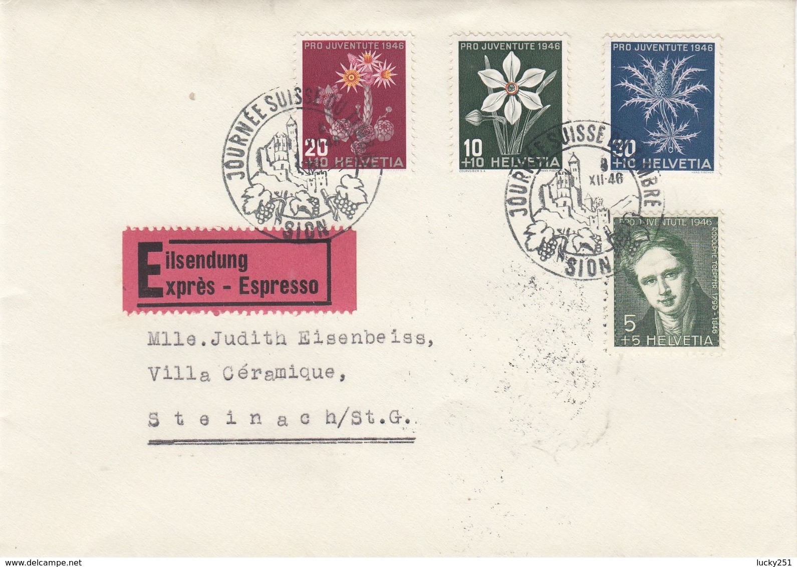 Suisse - 08/121946 - Pro Juventute - N°Zumstein 117/120 - Lettre Avec Oblitération Journée Du Timbre à Sion - Brieven En Documenten