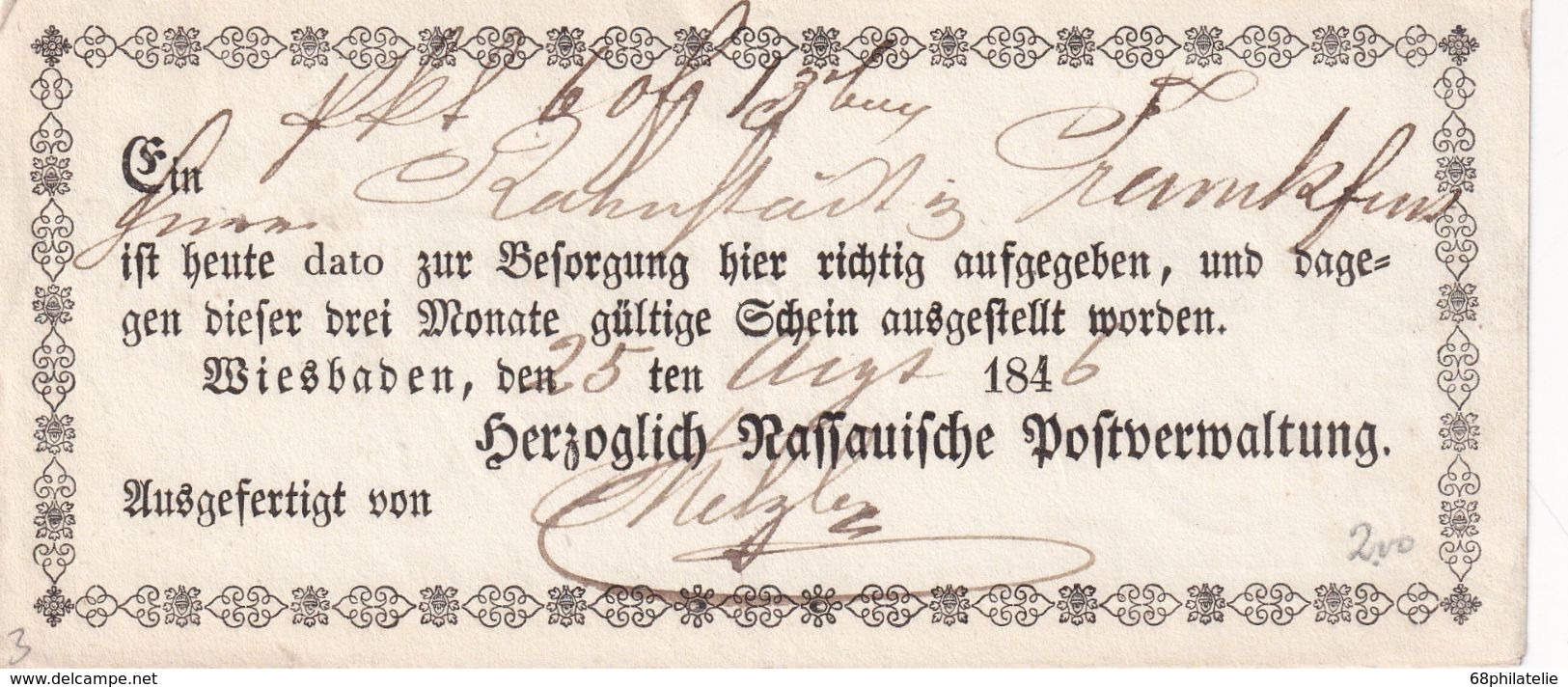 PREUSSEN 1846    DOCUMENT POSTAL DE WIESBADEN - Sonstige & Ohne Zuordnung