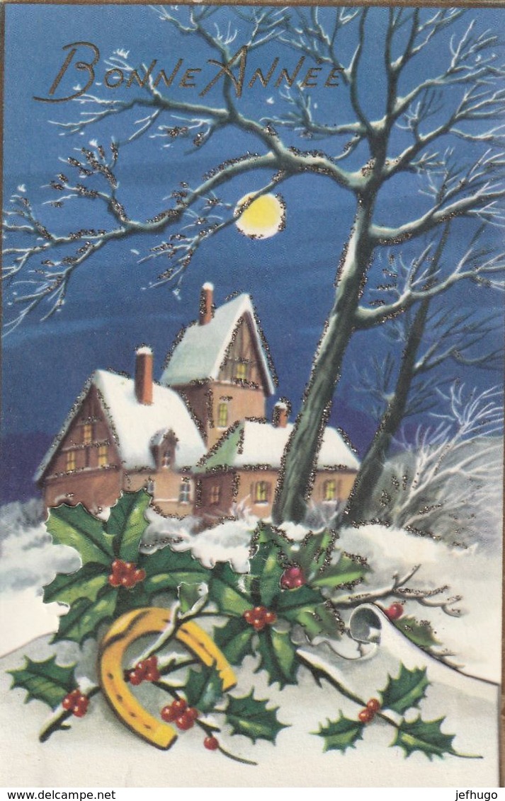 947 - MAGNIFIQUE CARTE BONNE ANNEE IDA. N° 769 . PAILLETTES DECOUPIS MAISONS HOUE FER A CHEVAL PAYSAGE ENNEIGE - New Year