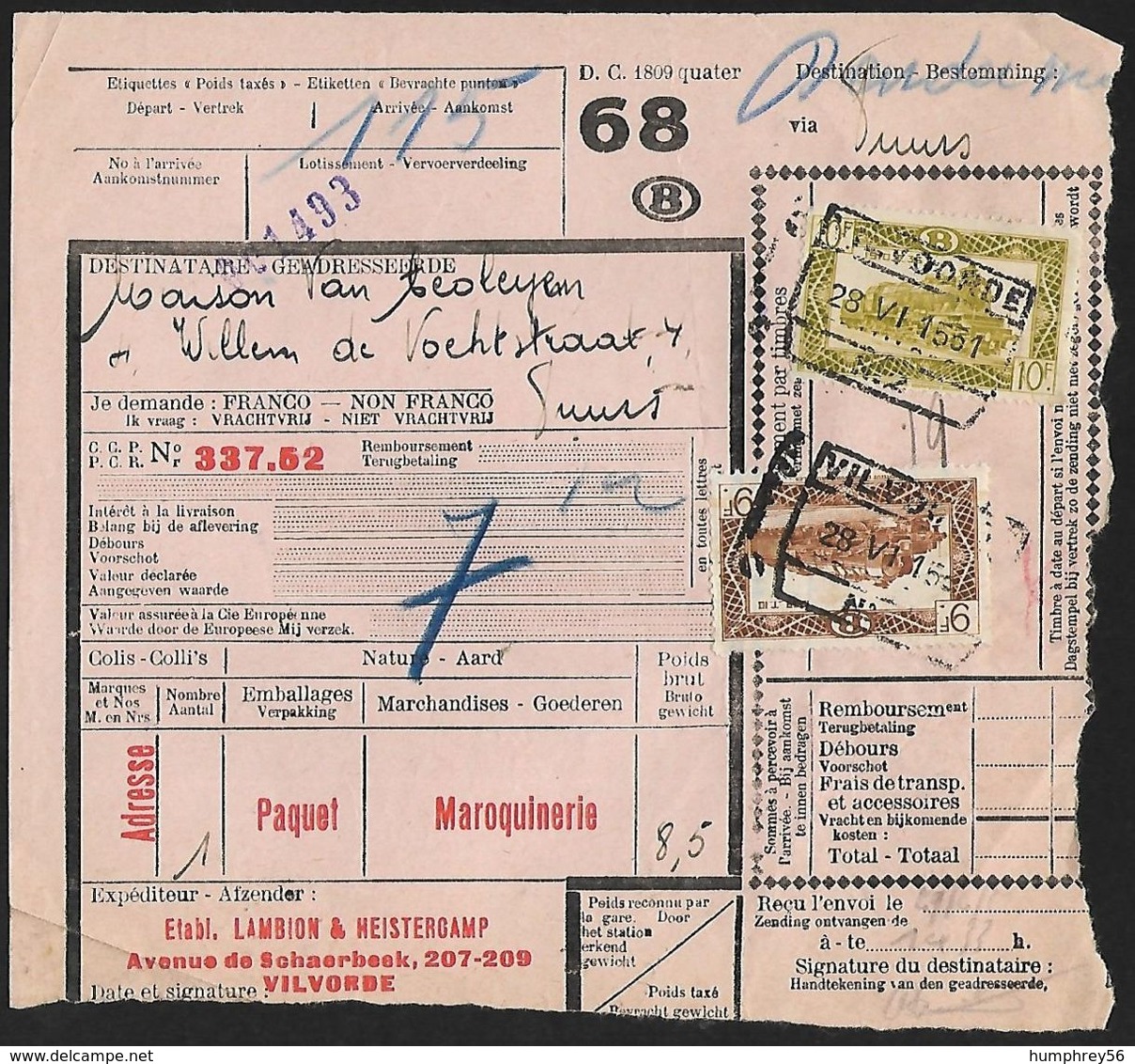 1949 - BELGIË/BELGIQUE/BELGIEN - Document - Michel 287A/288A - Y&T 313+315 + VILVOORDE, BRUXELLES & DENDERMONDE - Documents & Fragments