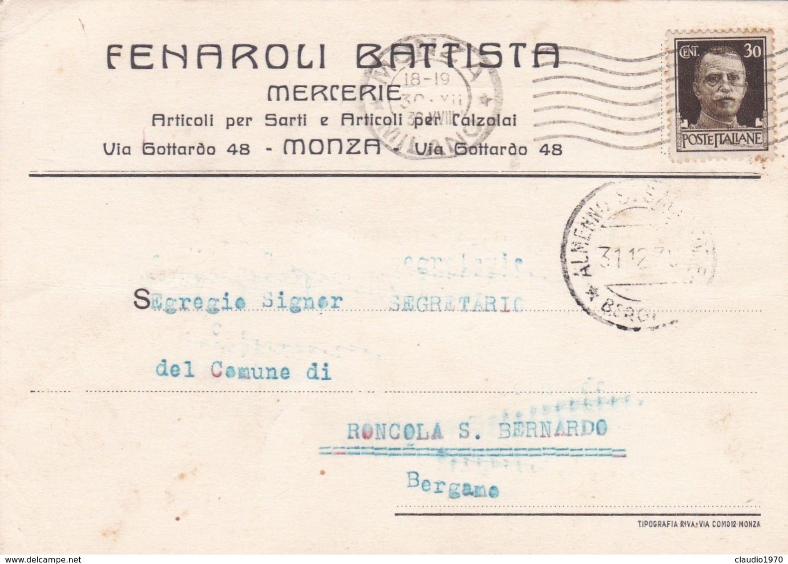 ITALIA - MONZA - REGNO - STORIA POSTALE- FENAROLI BATTISTA - MERCERIE- VIAGGIATA PER RONCOLA S. BERNARDO (BG) - Storia Postale