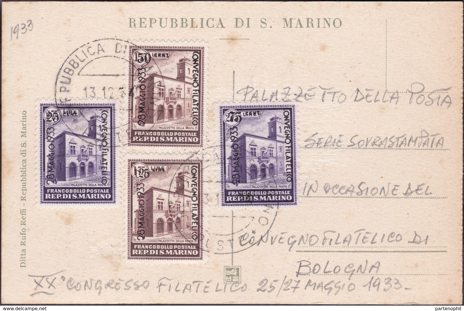 San Marino - 651 * 1933 - Mostra Filatelica La Serie N. 176/79 Su Cartolina Non Viaggiata. SPL - Storia Postale