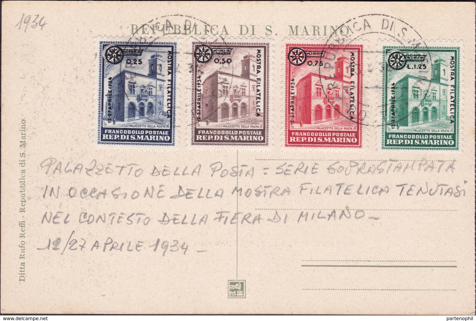 San Marino - 652 * 1934 - Convegno Filatelico La Serie N. 180/83 Su Cartolina Non Viaggiata. SPL - Storia Postale