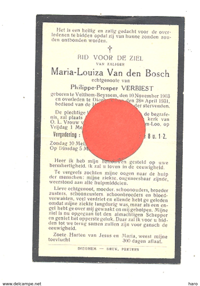 Doodsprentje Mvr Maria-Louiza VAN DEN BOSCH, Echt. Van P. Verbiest - VELTHEM-BEYSSEN 1903 / DIEGHEM-LOO 1931 - Décès