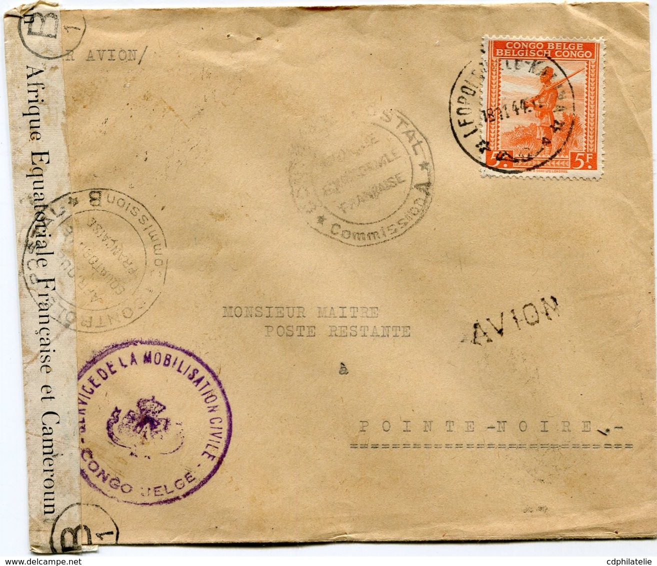 CONGO BELGE LETTRE PAR AVION CENSUREE DEPART LEOPOLDVILLE 18-11-44 POUR L'A. E. F. - Storia Postale