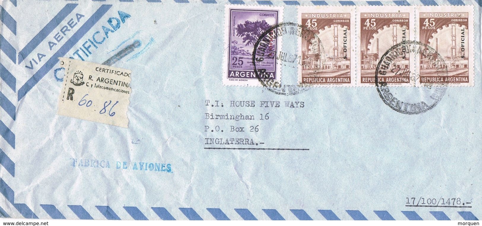 36699. Carta Aerea Certificada Oficial BUENOS AIRES (Argentina) 1971. FABRICA De AVIONES - Storia Postale