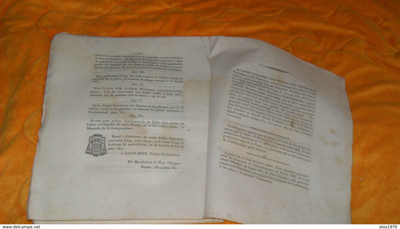 DOCUMENT ANCIEN DE 1840..MANDEMENT DE MONSEIGNEUR L'EVEQUE DE COUTANCES POUR LE CAREME DE 1840..LOUIS JEAN ROBIOU EVEQUE - Documenti Storici