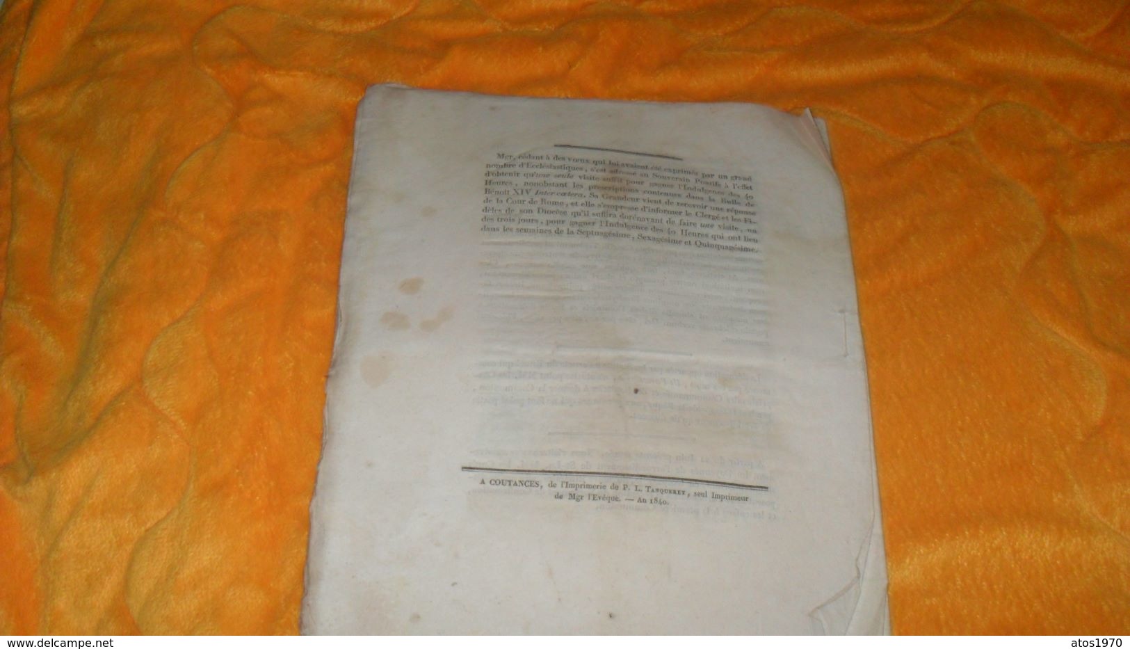 DOCUMENT ANCIEN DE 1840..MANDEMENT DE MONSEIGNEUR L'EVEQUE DE COUTANCES POUR LE CAREME DE 1840..LOUIS JEAN ROBIOU EVEQUE - Documenti Storici