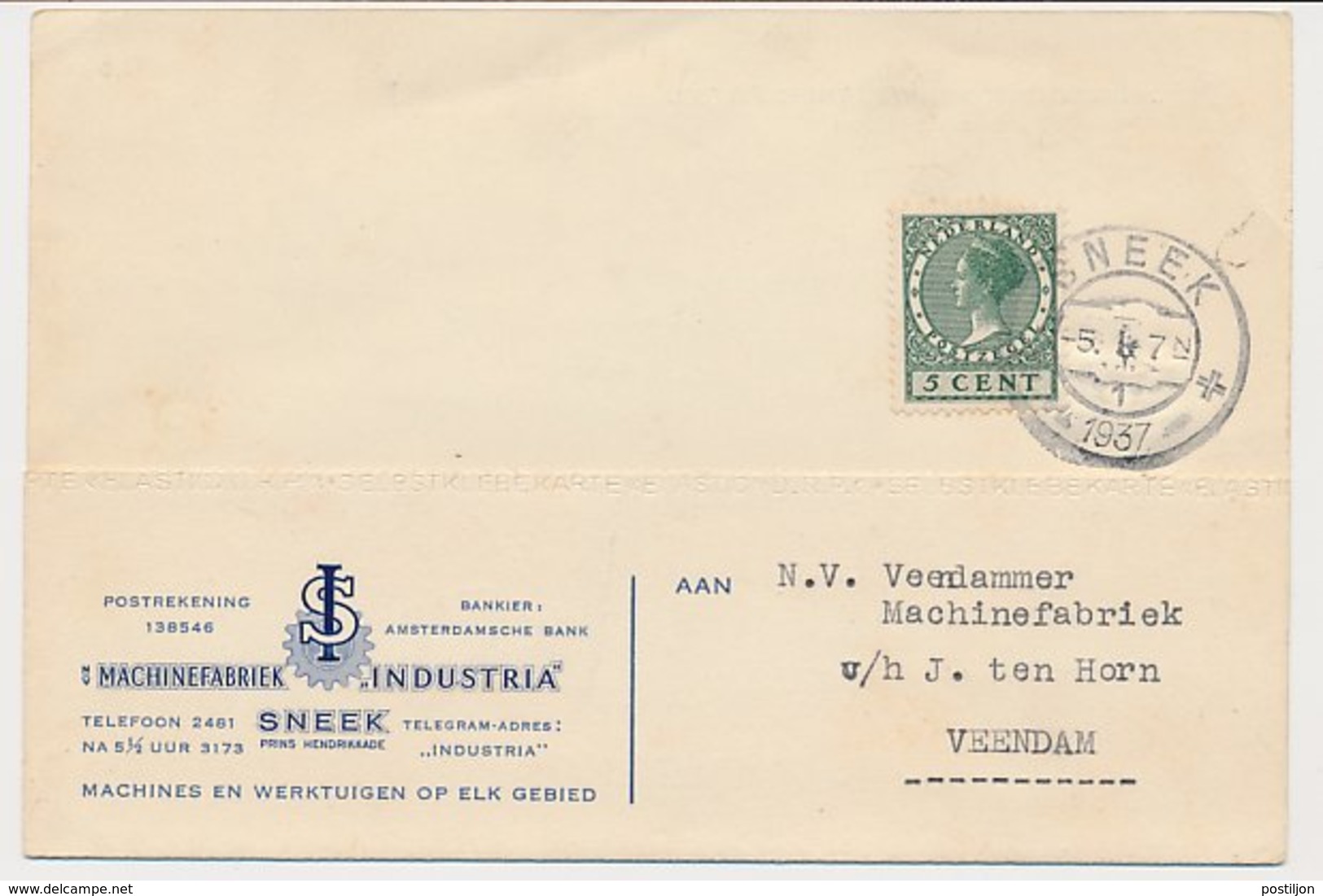 Firma Briefkaart Sneek 1937 - Machinefabriek - Ohne Zuordnung