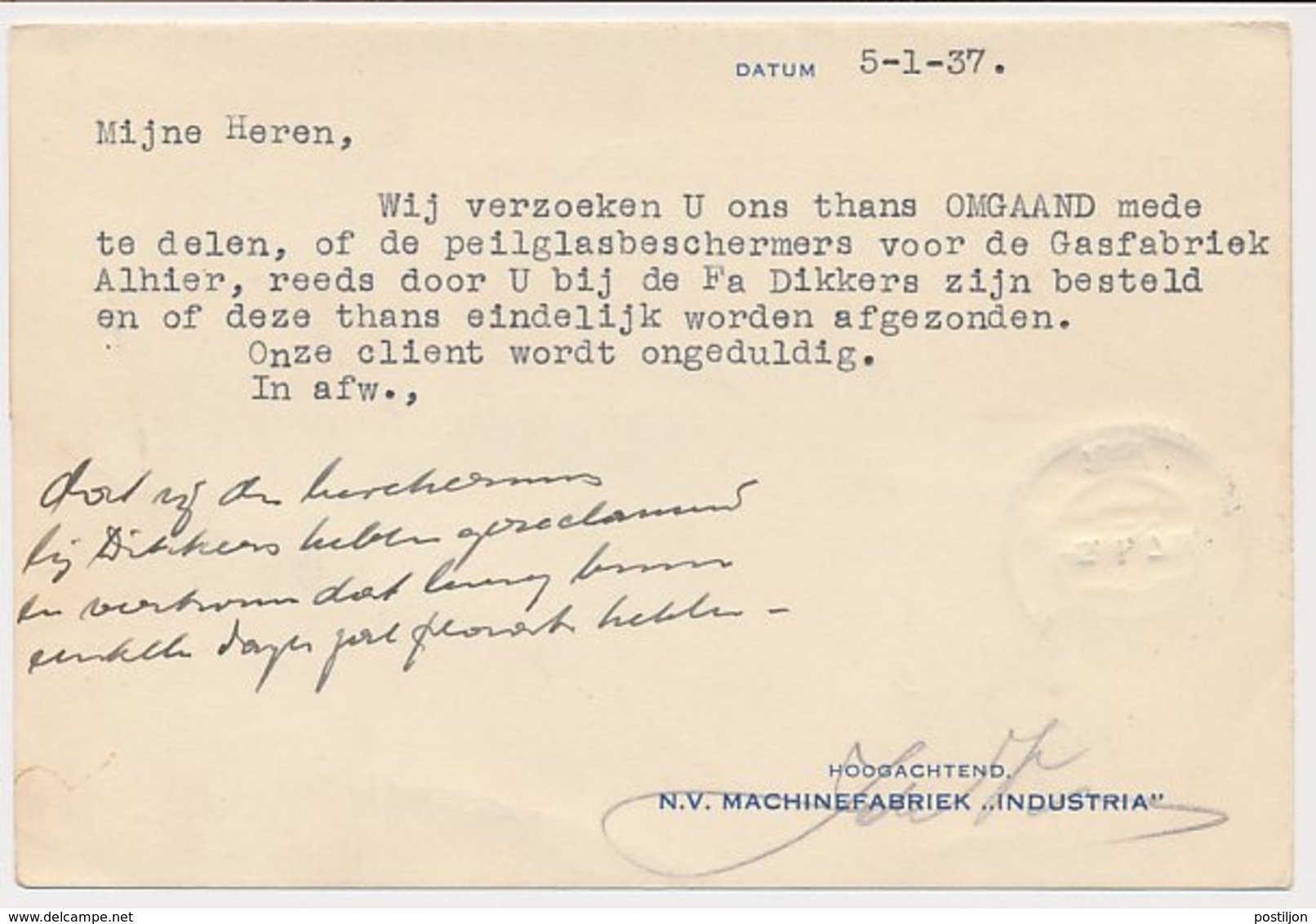 Firma Briefkaart Sneek 1937 - Machinefabriek - Unclassified