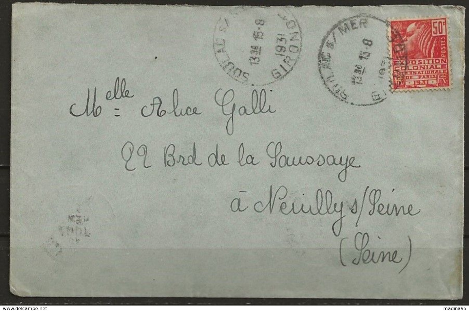 1931. N° YT 272 Seul Sur L., Obl. Cad SOULAC Sur MER (gironde) 15-8-31, Pour NEUILLY Sur SEINE (seine). B - Handstempel