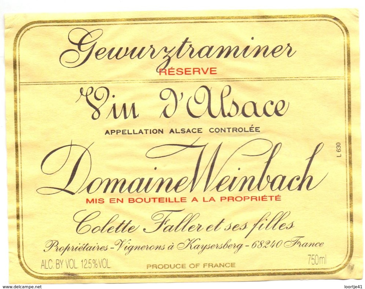 Etiket Etiquette - Vin - Wijn - D'Alsace - Domaine Weinbach  - Gewurztraminer - Colette Faller - Gewurztraminer